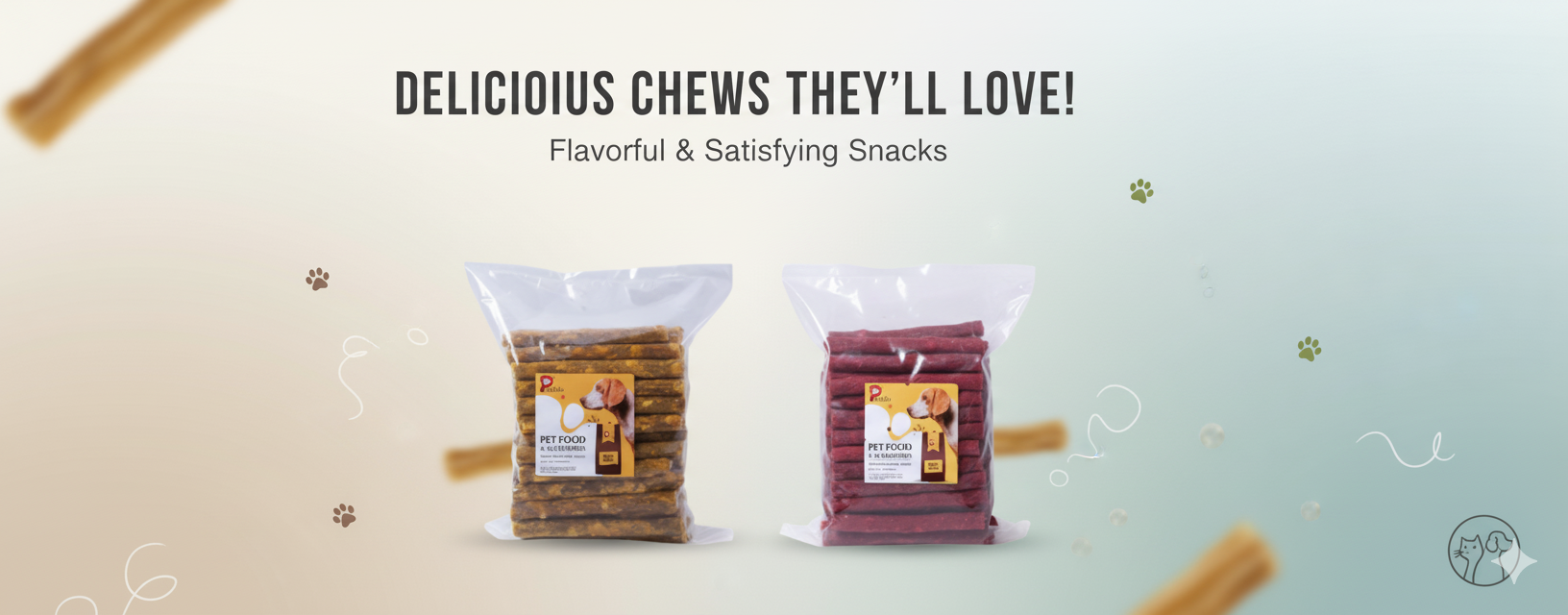 Delicious natural dog chews and puppy accessories like collar and leash.