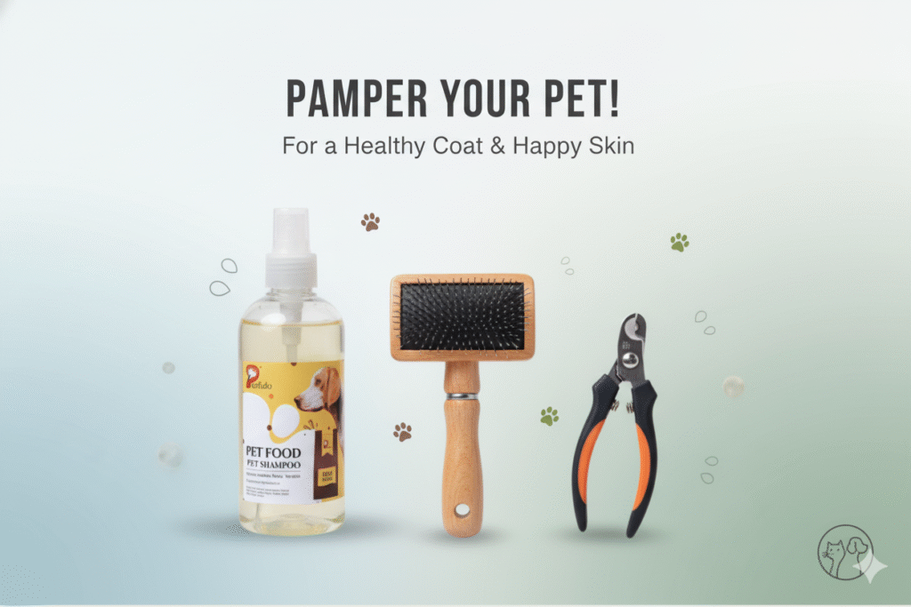 Natural pet grooming kit with shampoo, brush, and paw care essentials.