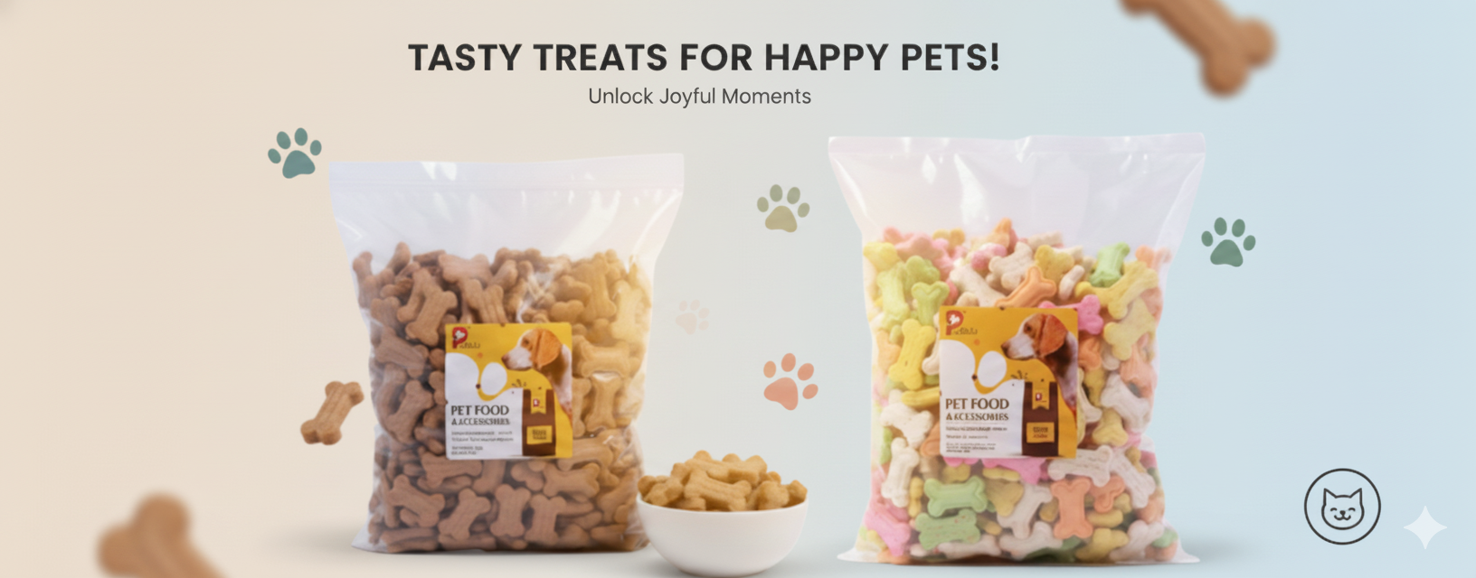 Variety of tasty and healthy pet treats for happy dogs and cats.