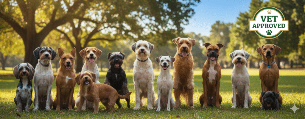 Group of happy dogs of various breeds enjoying premium natural pet treats.